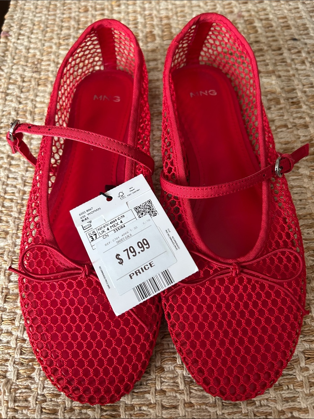 Mango Red Mesh Mary Jane Flats with Ankle Strap